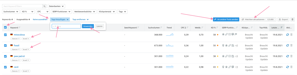 Tags hinzufügen in Keyword Manager