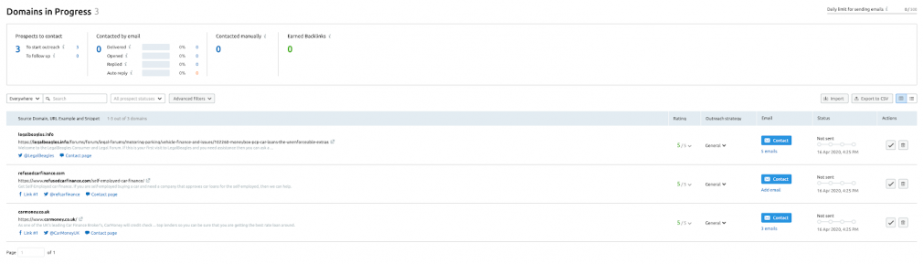 Example what the link building tool offers in data