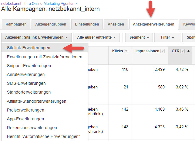 Google Ads Sitelink-Erweiterungen