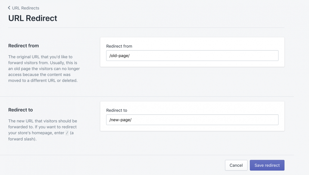 Die ursprüngliche und neue URL für eine 301-Weiterleitung eintragen in Shopify