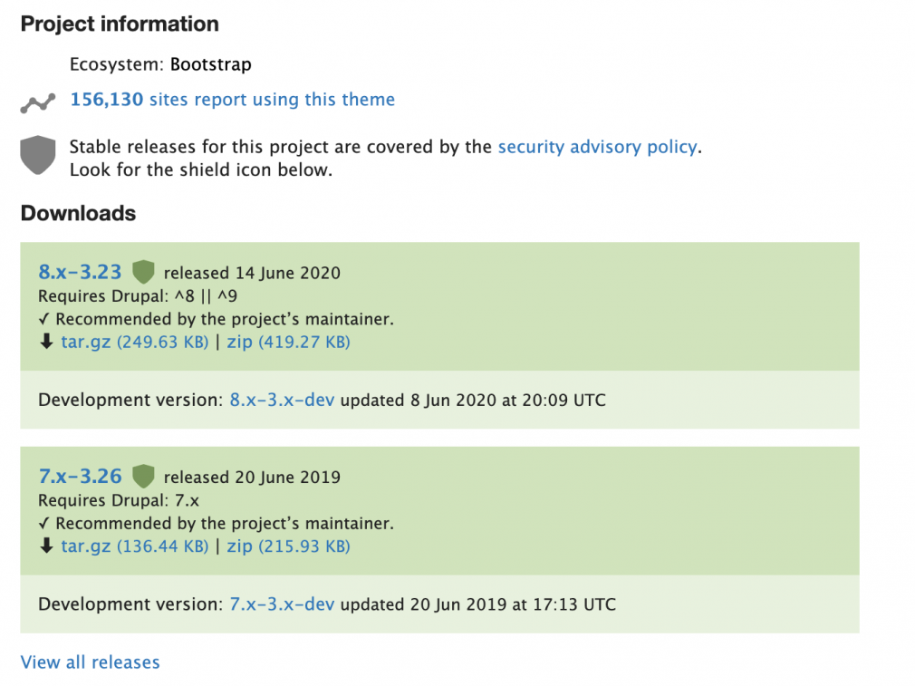 A screenshot of the project information screen for a plugin on on Drupal.org, showing the Security Advisory Policy logo.