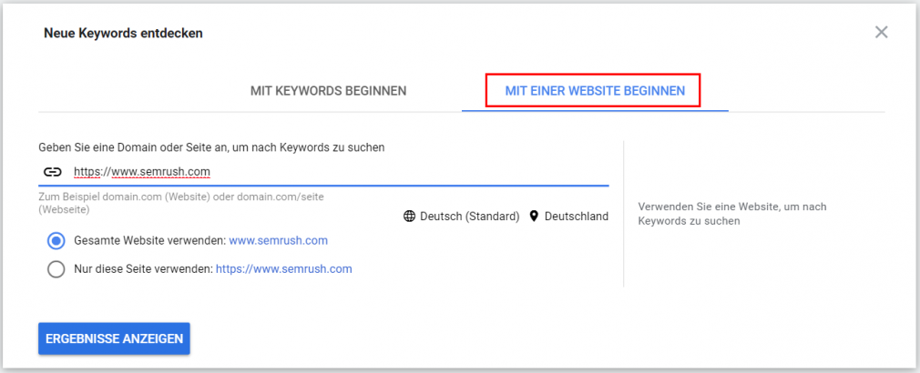 Google Ads Keyword-Planer: Mit Website beginnen