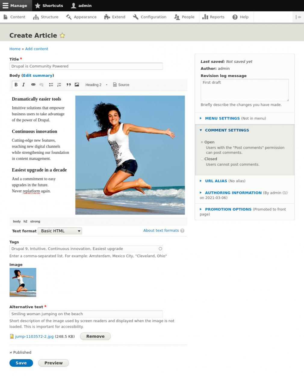 A screenshot of the Drupal interface, showing content authoring.