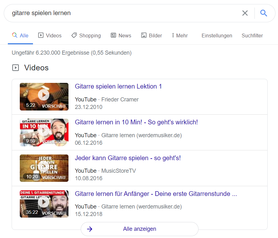 Videos im Google-Suchergebnis
