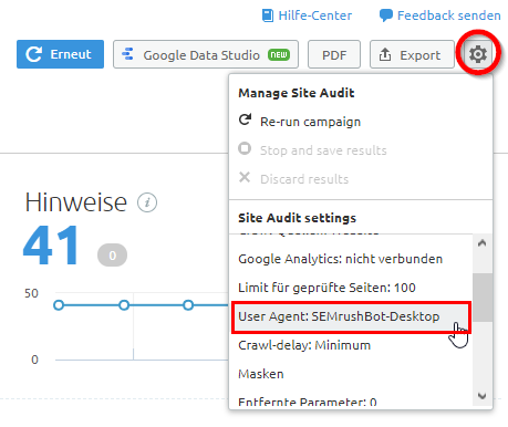 Crawler-Auswahl im Site Audit