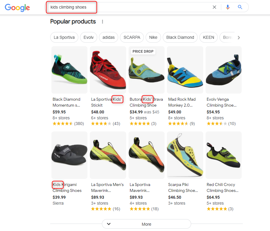 google search for kids climbing shoes