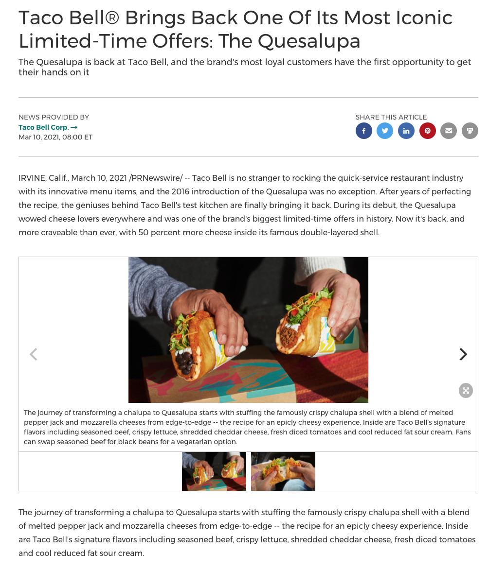 Taco Bell Quesalupa press release