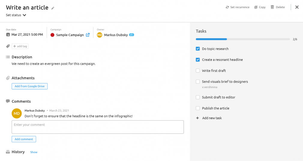 Agency Project Management Software. Task setting