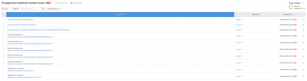 Site audit report showing duplicate content