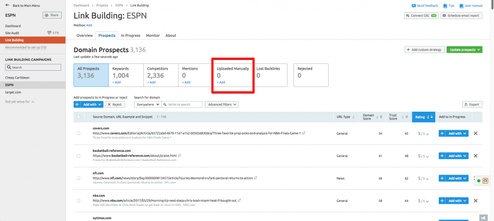 Link Building Tool: Uploaded manually