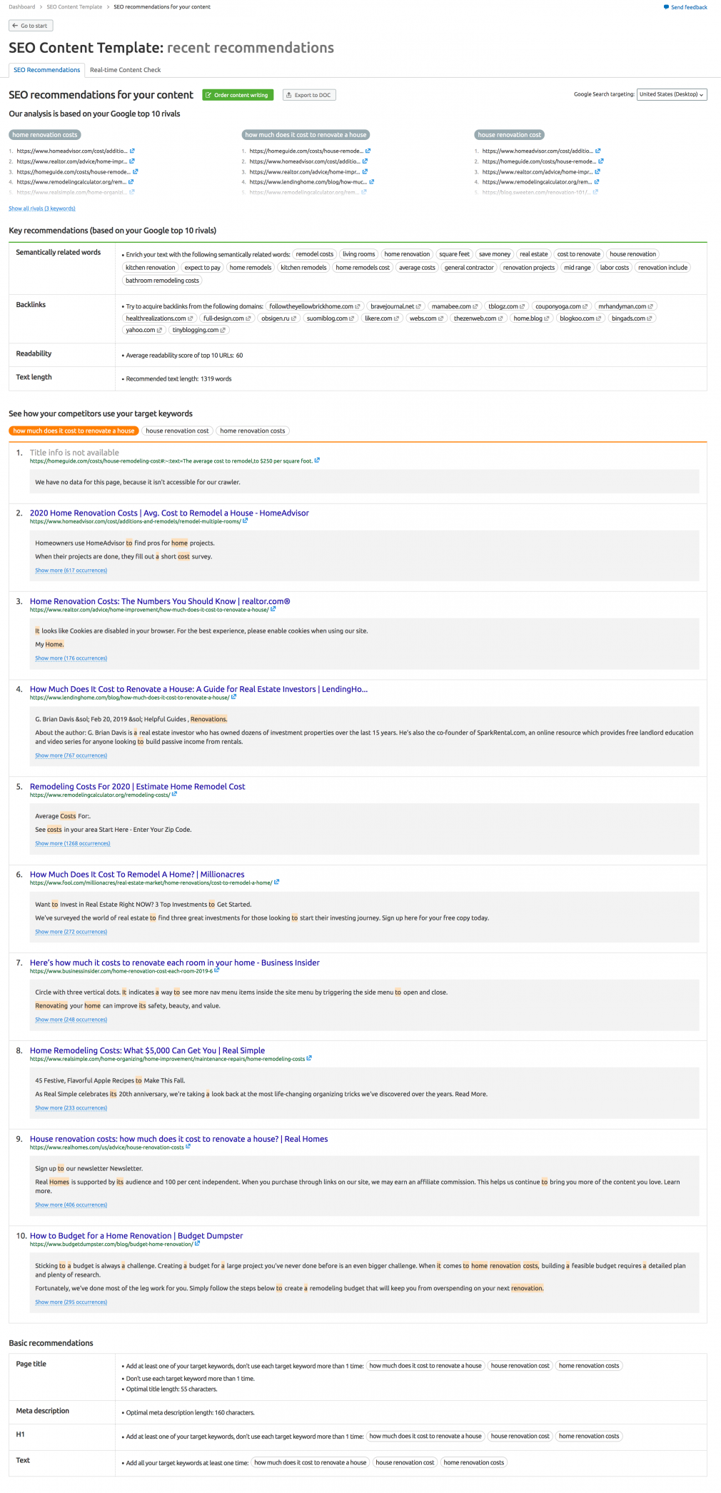 SEMrush SEO content template screenshot