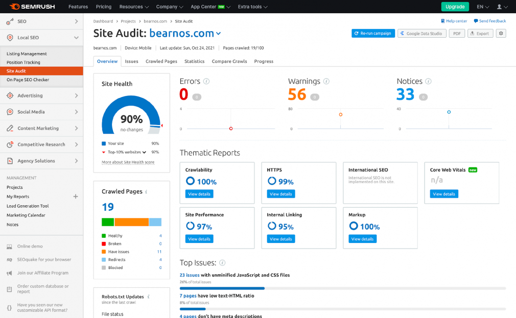 Semrush Site Audit example
