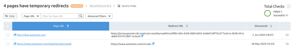 Redirects report example in SEMrush