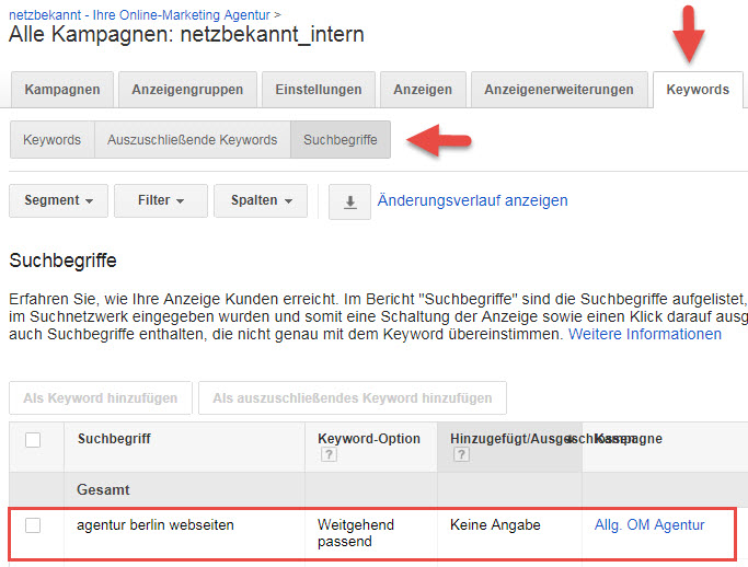 Suchbegriffe Negative Keywordliste