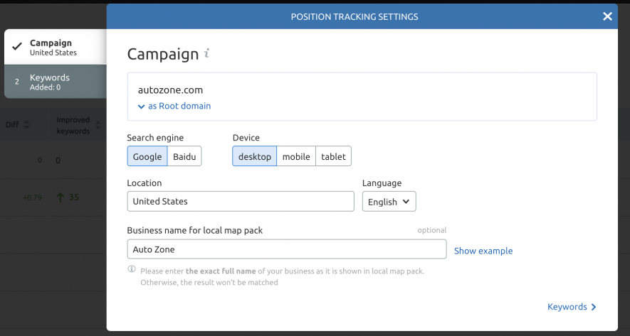 Position Track Campaign Settings page for audit data