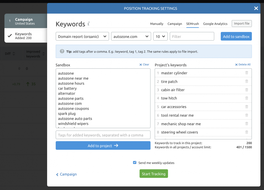 Adding Keywords to the Position Tracking tool options