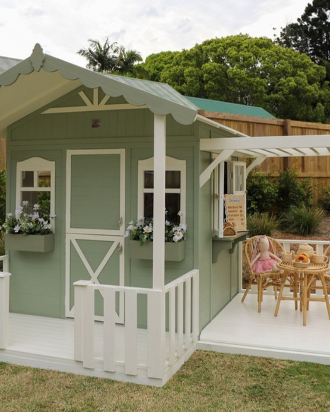 Frankie Grand Cubby House by Hide & Seek Kids in green with pergola add-on