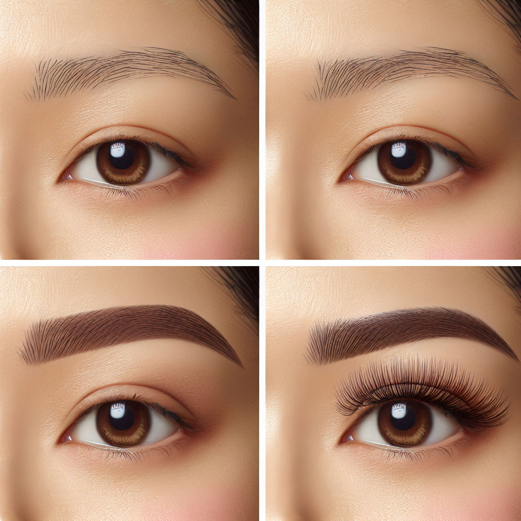 Before and after images showcasing brow lamination and lash lift transformations