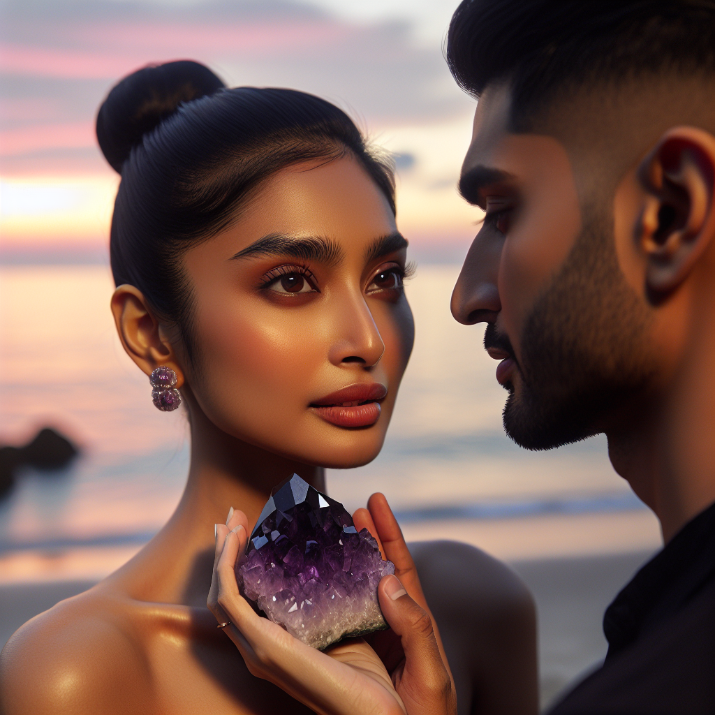 A couple holding amethyst together. A man is facing a woman, a woman is facing in the direction of the man but her gaze is not towards him.