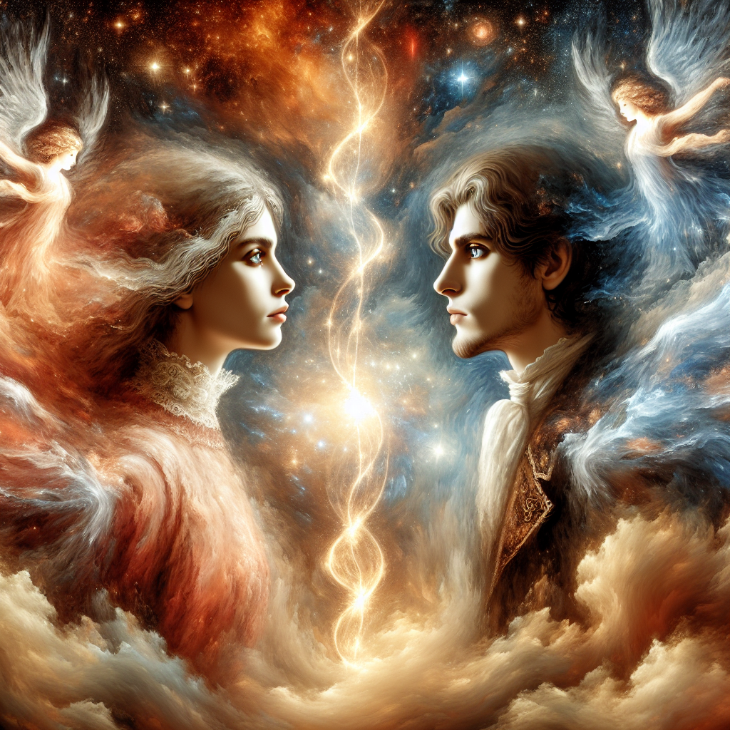 A woman and a man at the opposite ends of the picture looking at each other. Little angles flying behind them. Clouds gathered beneath them. A strand that seems to be made of light separates the couple.