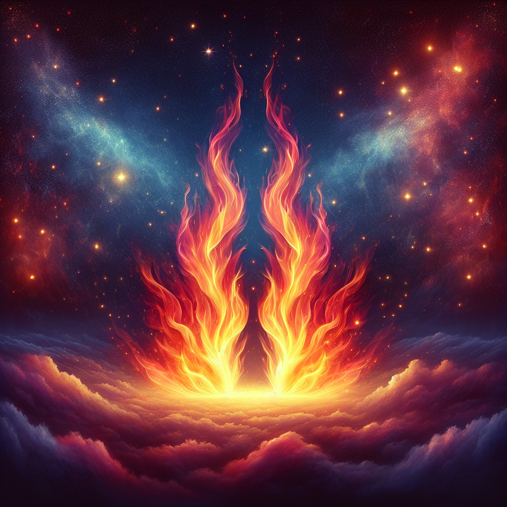 Two separate flames of fire close to each other being positioned on the clouds in the background of starry sky.