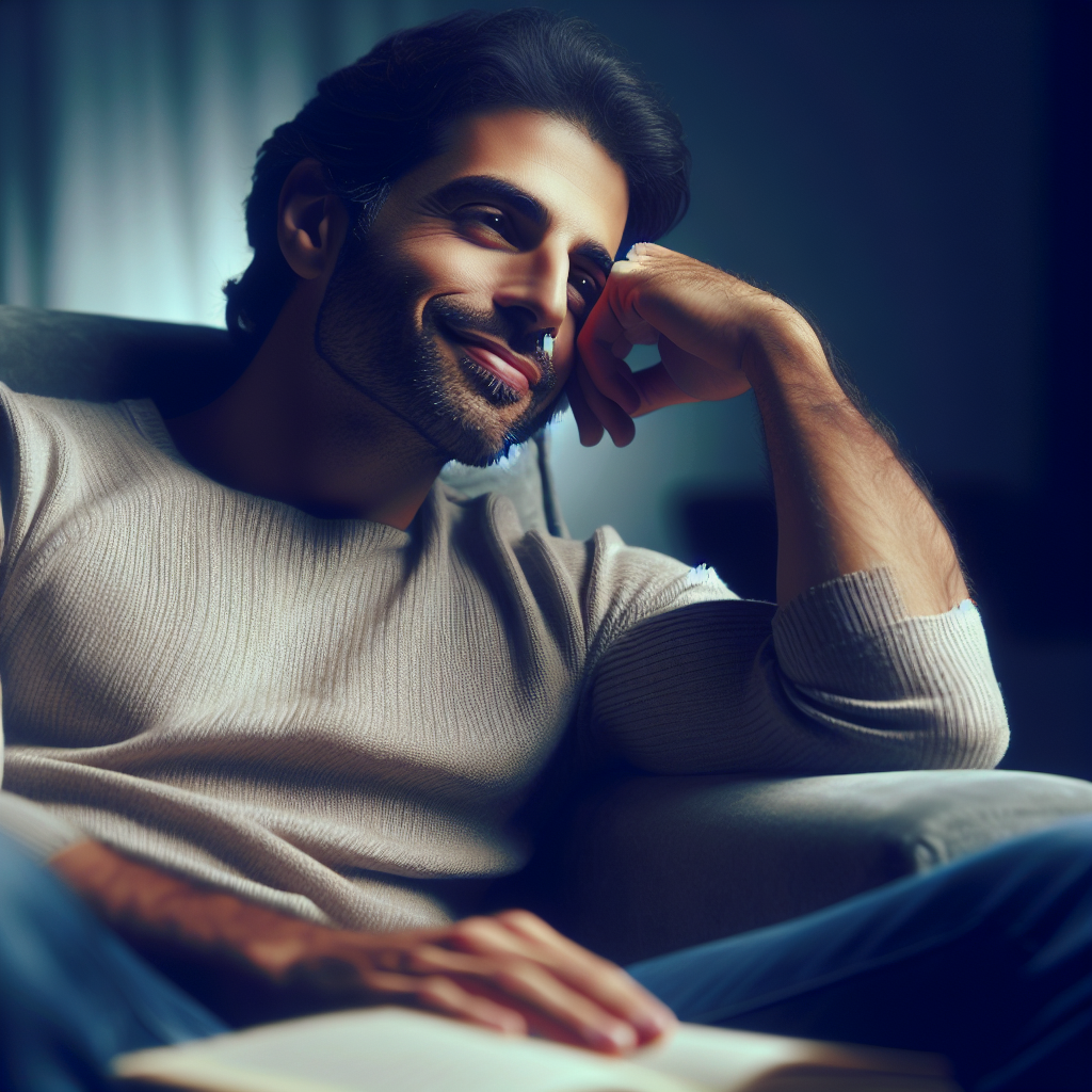 A man is sitting comfortably. One of his hands is supporting his head, another one of his hands is laying on a book.