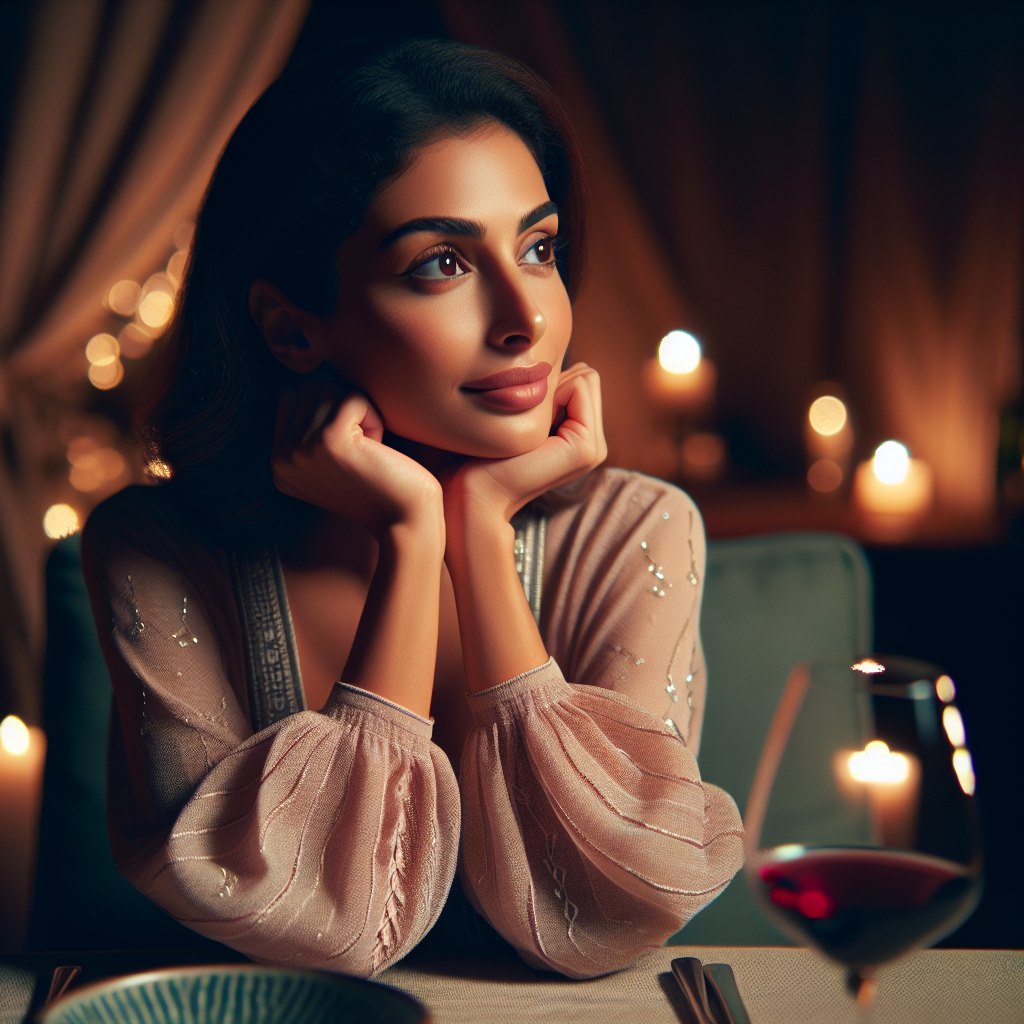 A woman is sitting at a table with the glass of red wine. Her chin is being supported by her hands. She is looking at a distance to the right.