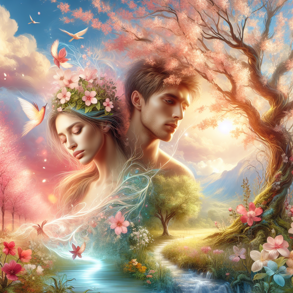 A face of a woman from a chest up with her eyes closed to the left and a face of the man to the right. They are next to each other. A mystical scene. There are birds, a tree in a pink blossom, pink clouds, a blue river and pink flowers.