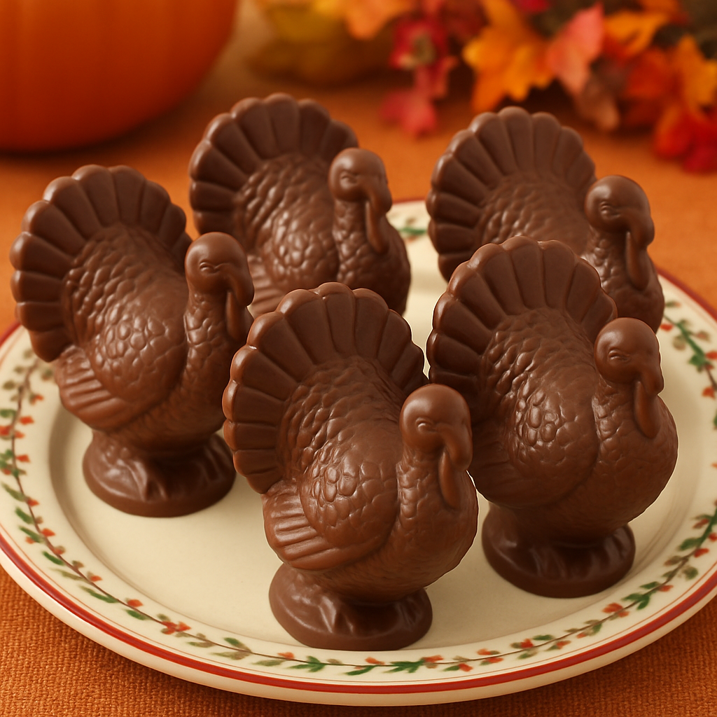 Delicious chocolate turkeys arranged on a festive platter