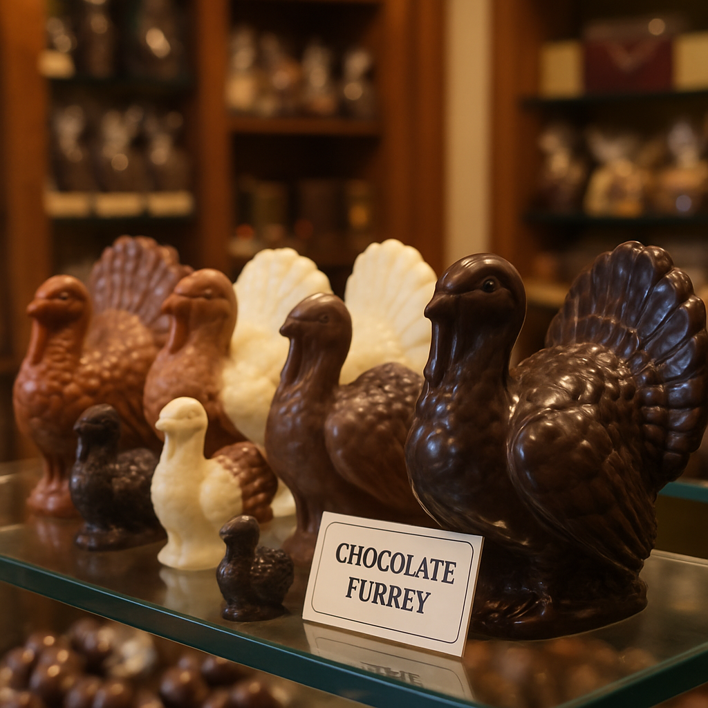 A variety of chocolate turkeys displayed in a gourmet chocolate shop
