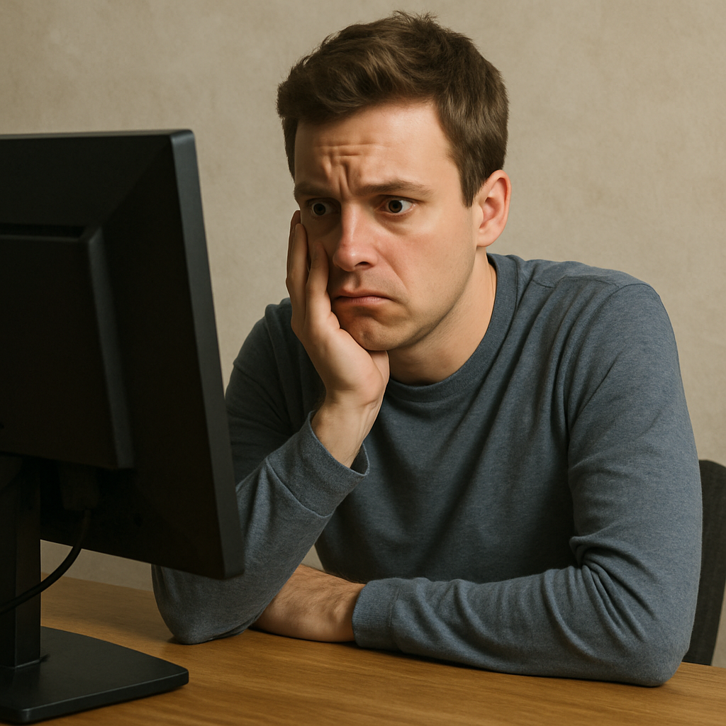 A person looking at a computer screen with a worried expression