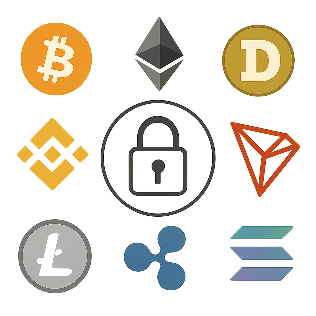 Image showing various cryptocurrency logos with a lock symbol