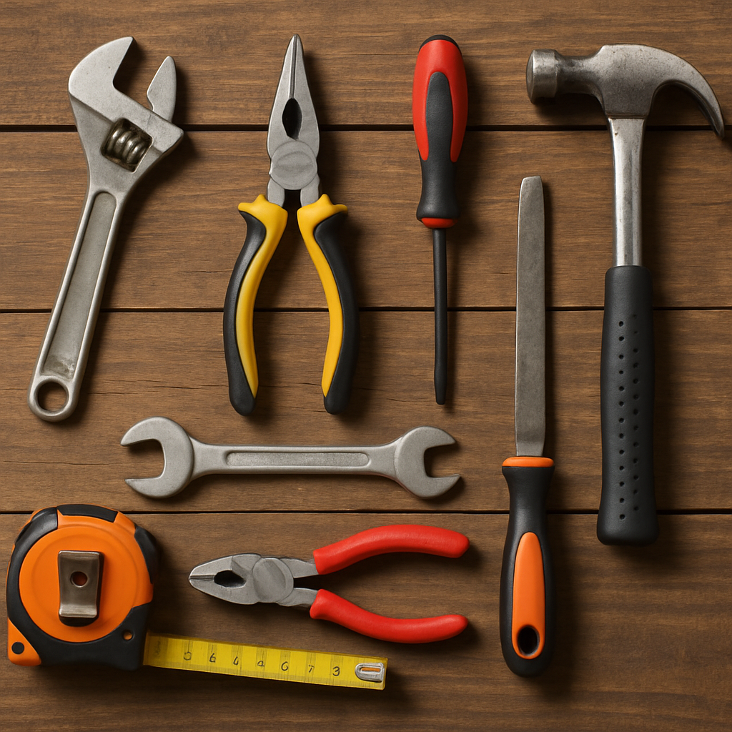 Handyman tools on a wooden surface