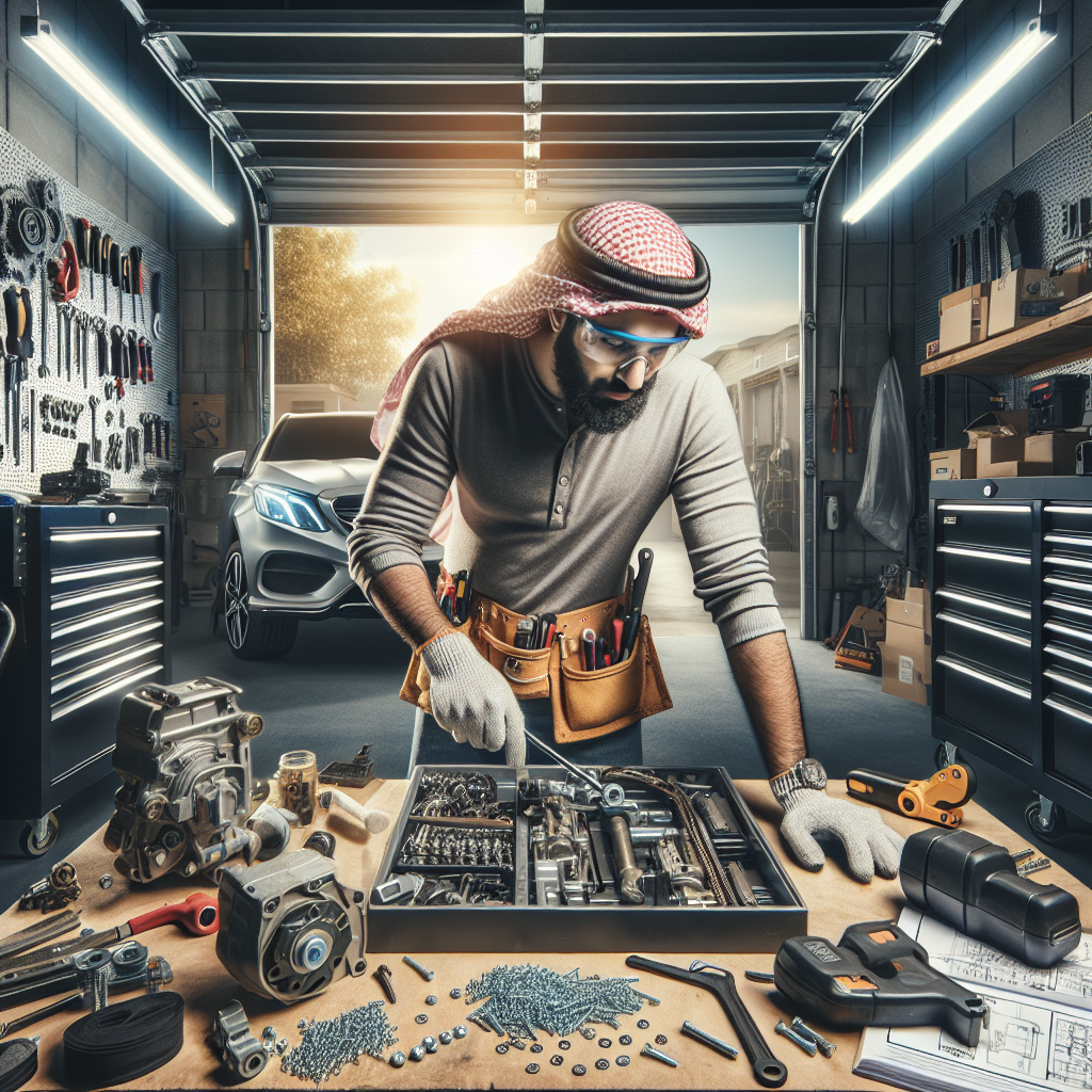 Man working in a garage, using tools to repair a vehicle, surrounded by automotive parts and equipment, emphasizing DIY garage door maintenance and repair.