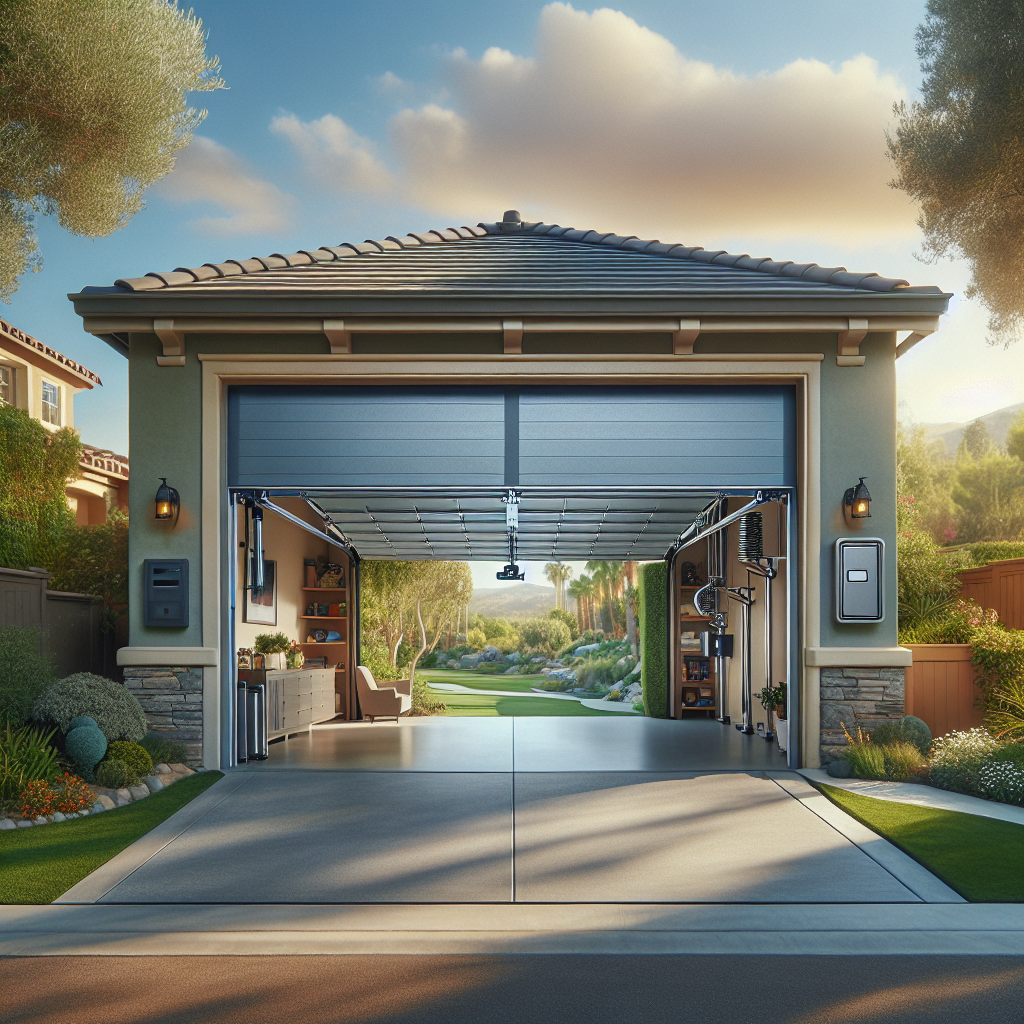 Garage with open door showcasing organized interior, tools, and a view of a landscaped yard, emphasizing the importance of garage door maintenance and functionality.