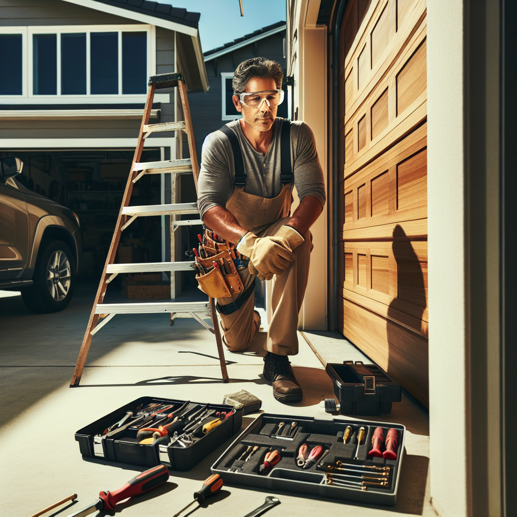 Man kneeling in a garage with tools and a ladder, preparing for garage door maintenance and repairs.