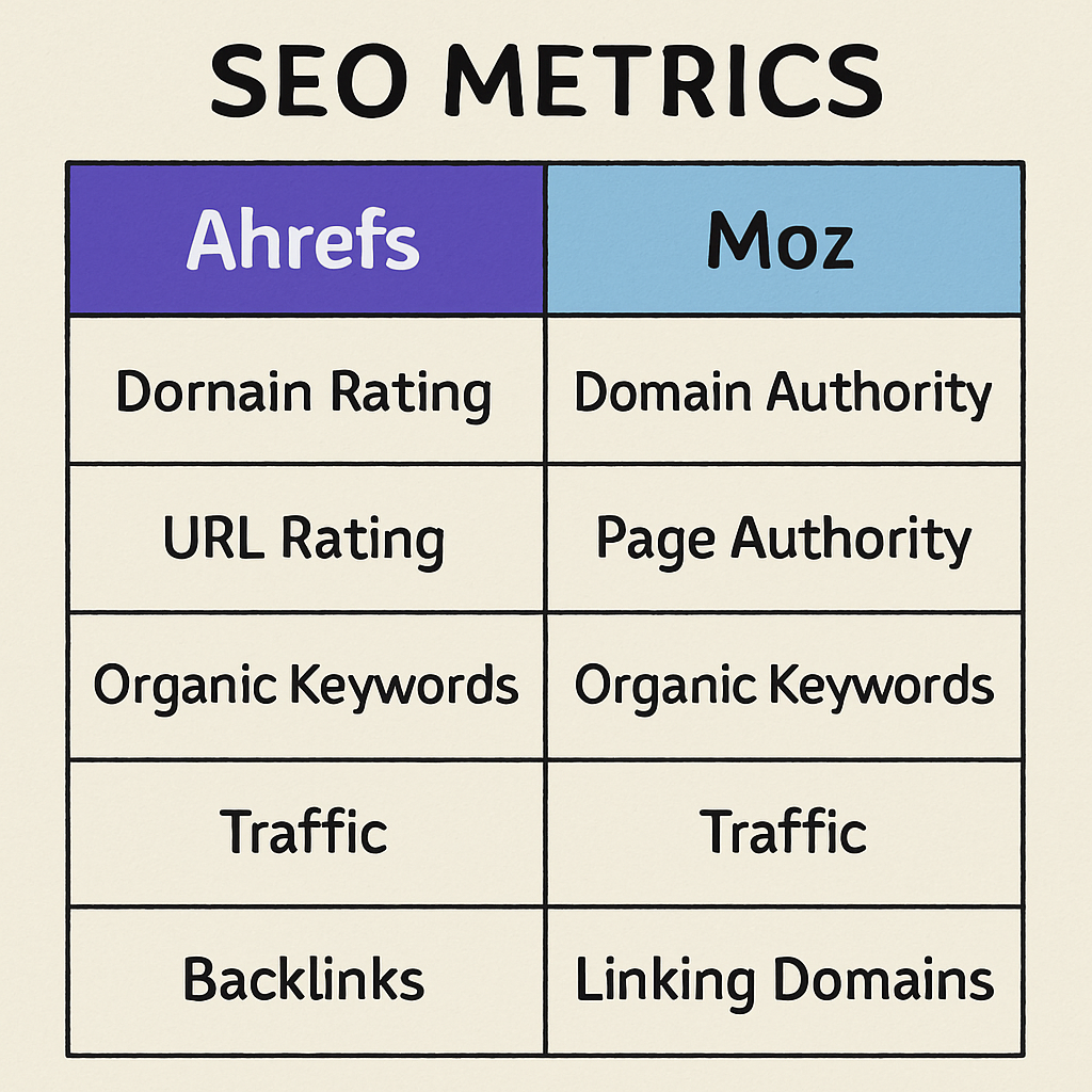 Chart Comparing SEO Metrics of Ahrefs and Moz