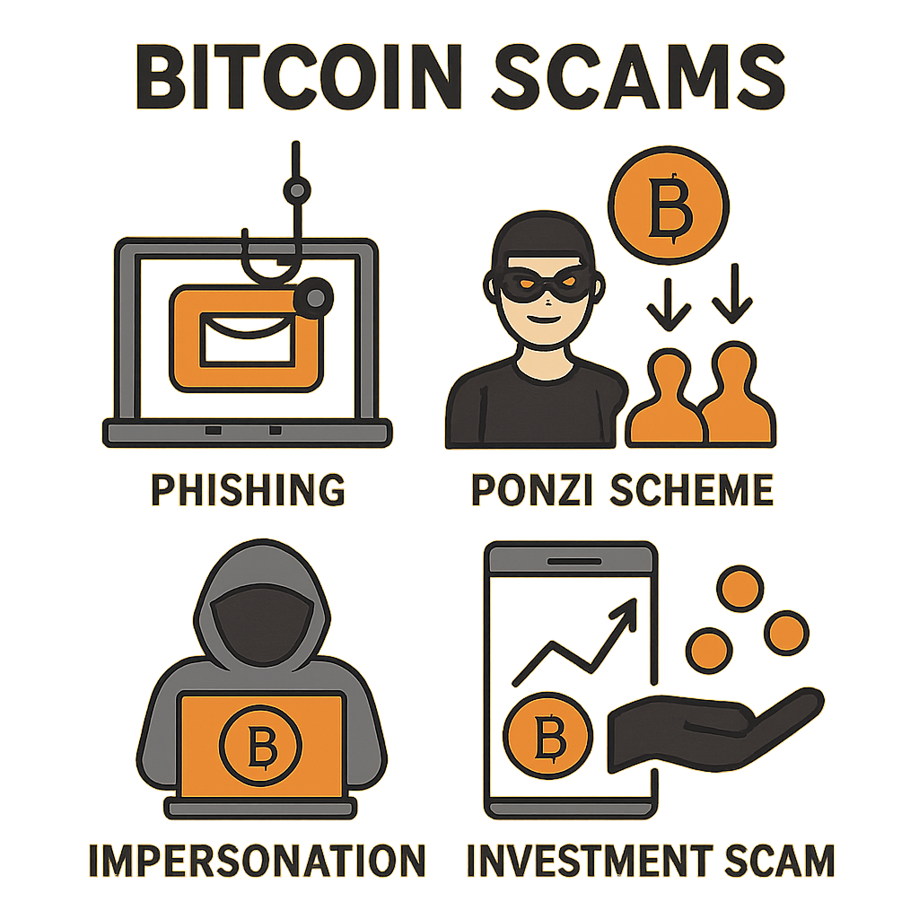 Graphic illustrating different types of bitcoin scams