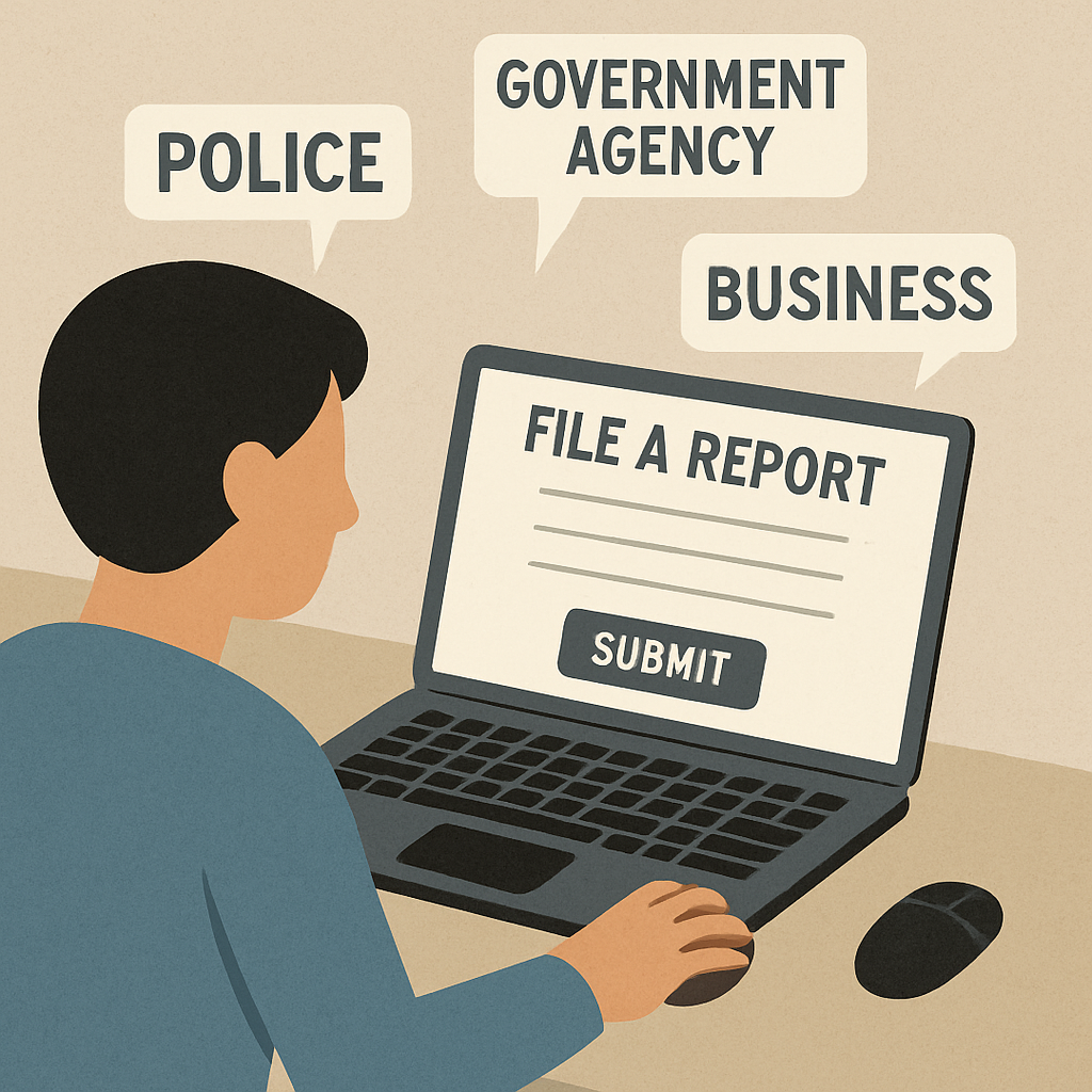 Image of a person filing a report online with various agencies