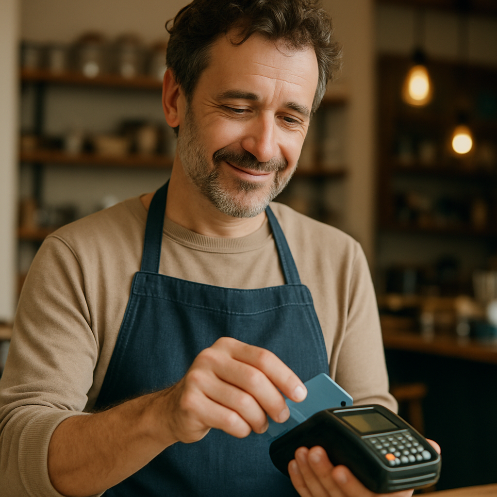 A small business owner using a card reader