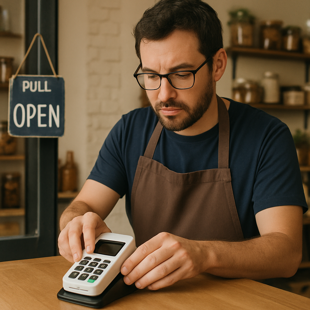 Small business owner installing a card reader