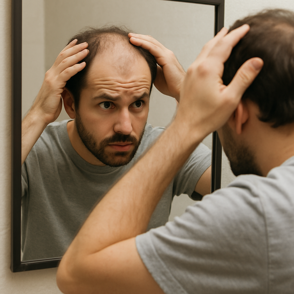 Person examining thinning hair in a mirror