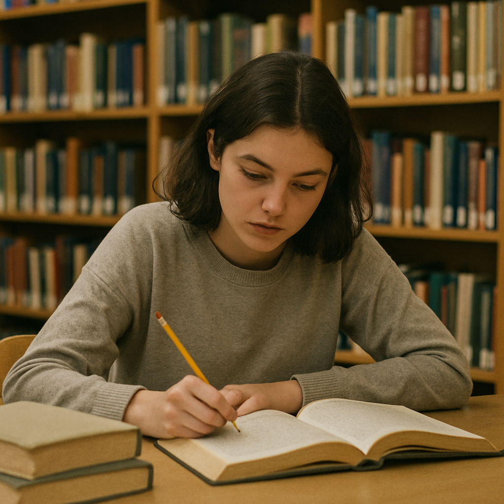 Student researching in library