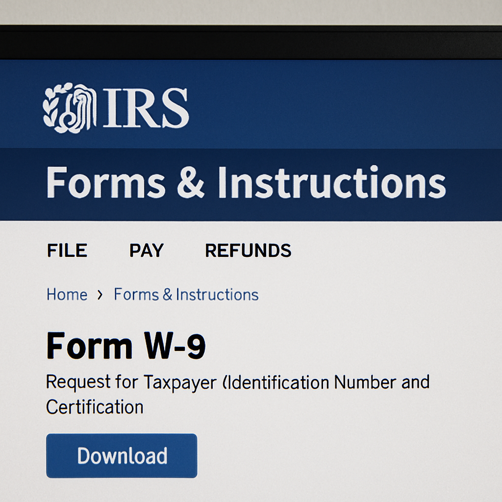 Image of a computer screen displaying the IRS website with the W9 form download option