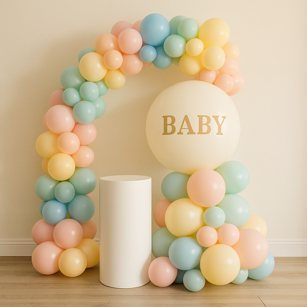 Een prachtige ballondecoratie voor een babyshower met pastelkleuren en een ballonboog
