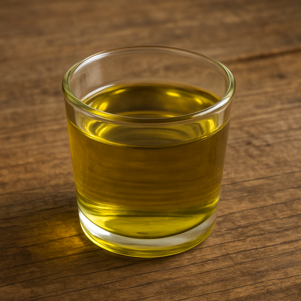 A glass cup filled with olive oil on a wooden table
