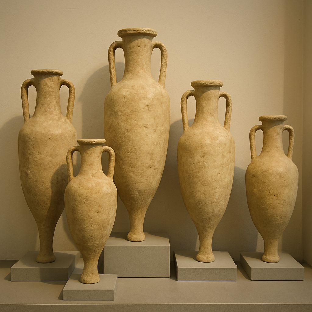 Ancient olive oil amphorae on display in a museum