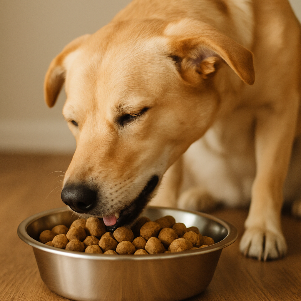 Healthy dog enjoying a meal