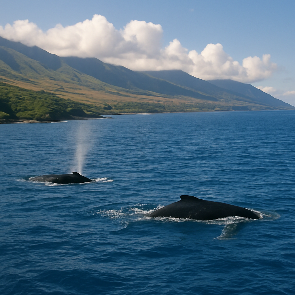 View of Maui coastline with whales in the ocean