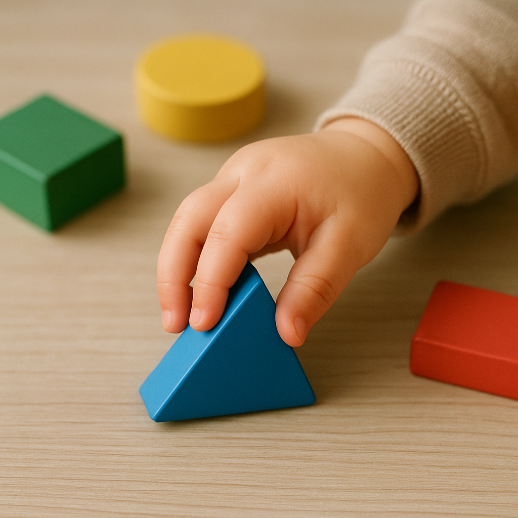 Child's hand grasping a geometric shape